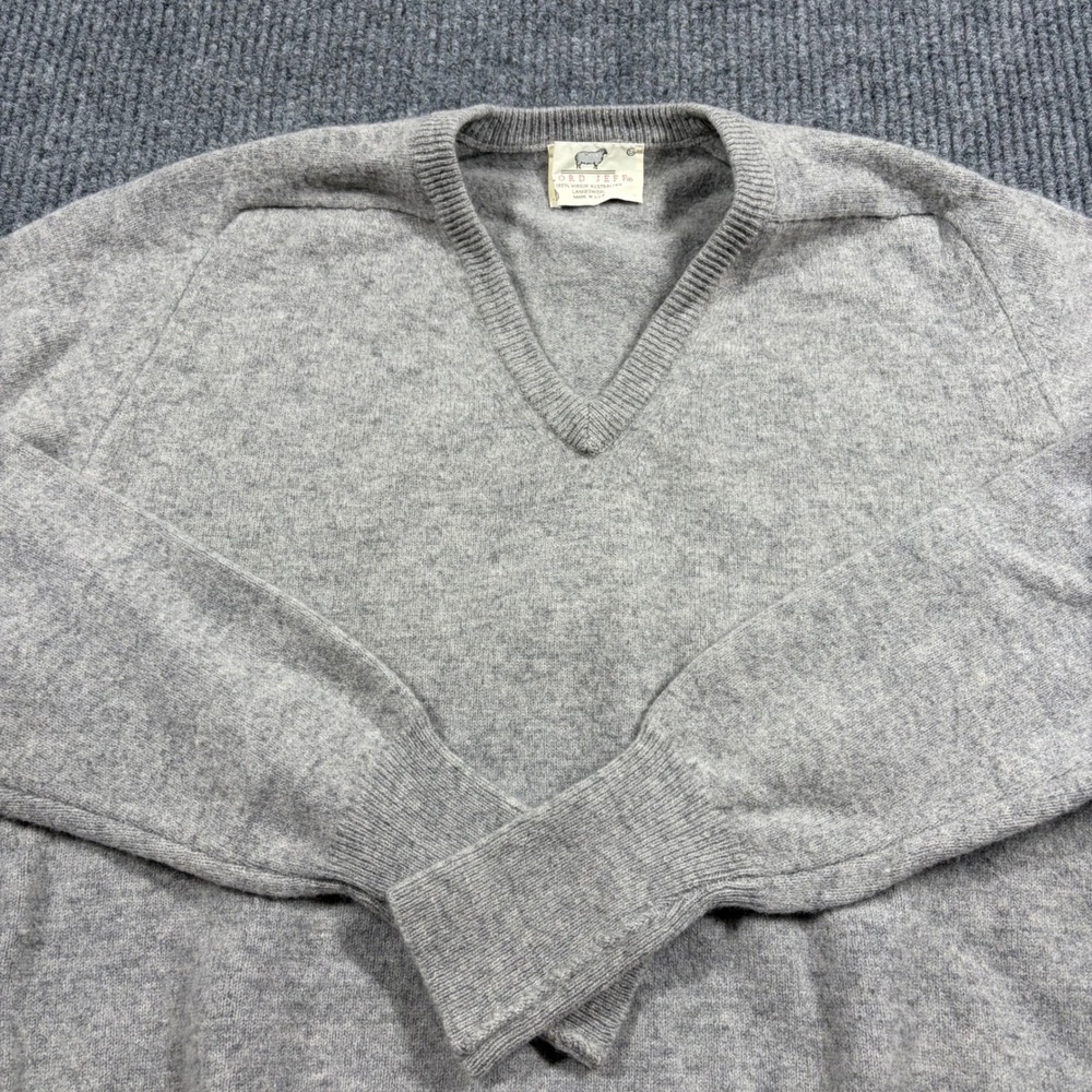 Vintage Lord Jeff Sweater Mens L V-Neck Gray Australian Lambswool 70s 80s